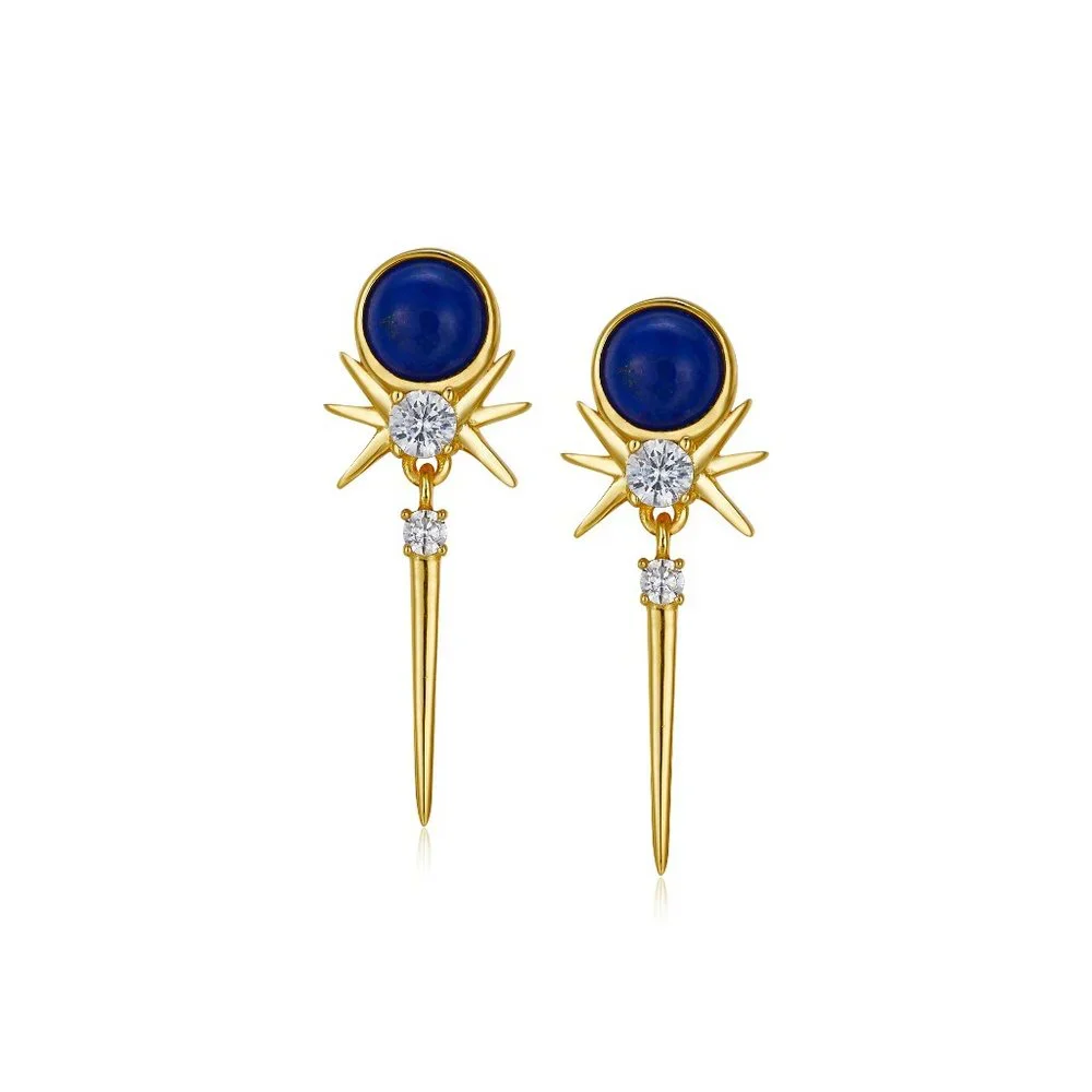 NEW 18K gold plated sterling silver earrings,natural lapis lazuli,gemstone - Picture 4 of 12